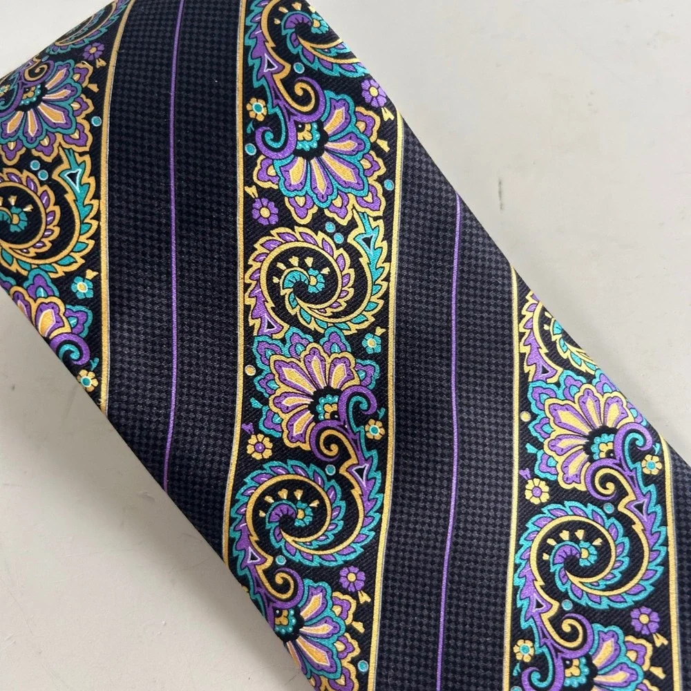 Robert Talbott Best of Class Silk Tie Black Purple Teal Paisley Floral Stripe
